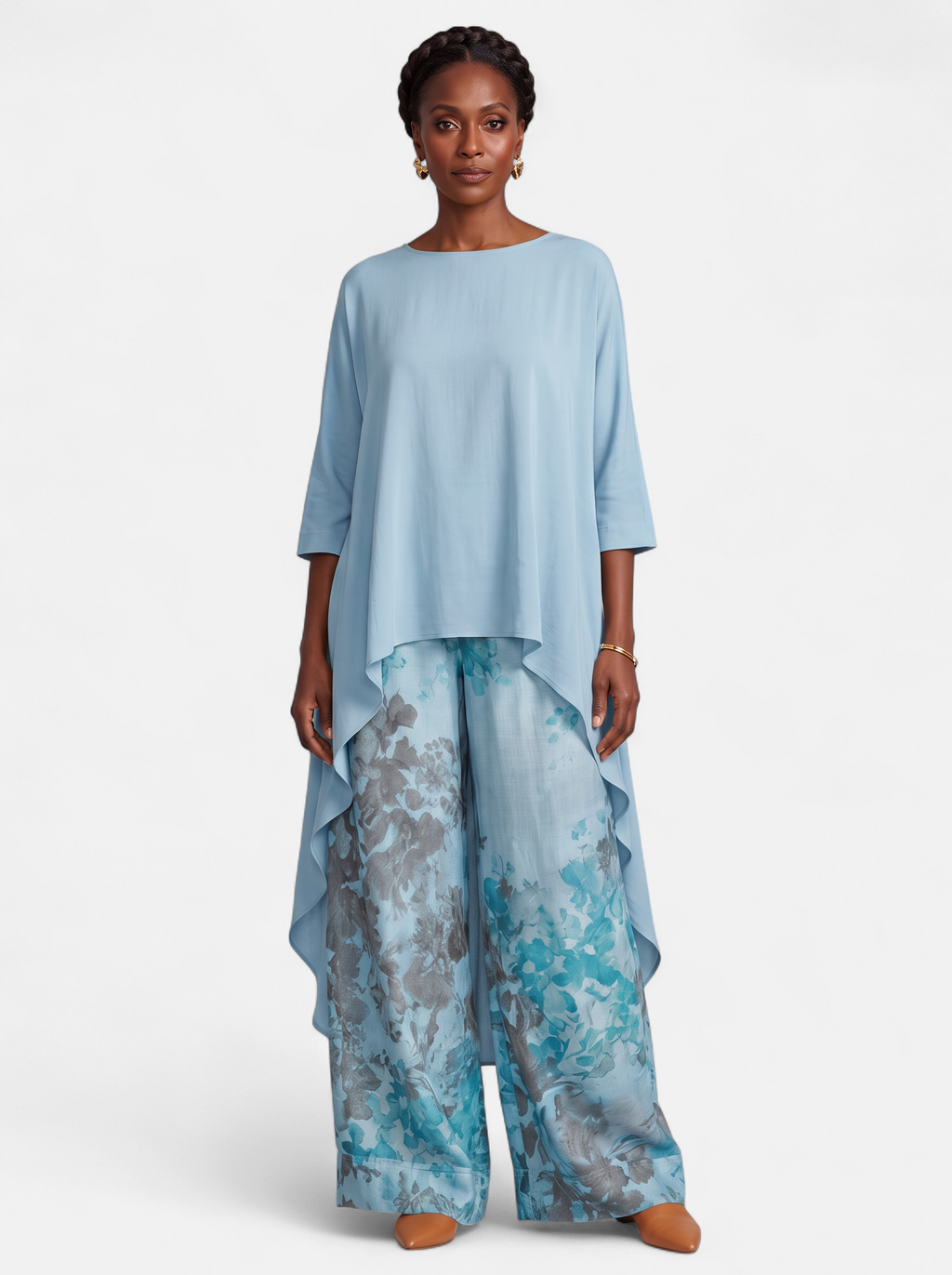 Women's light blue boho vintage print two-piece set full body shot