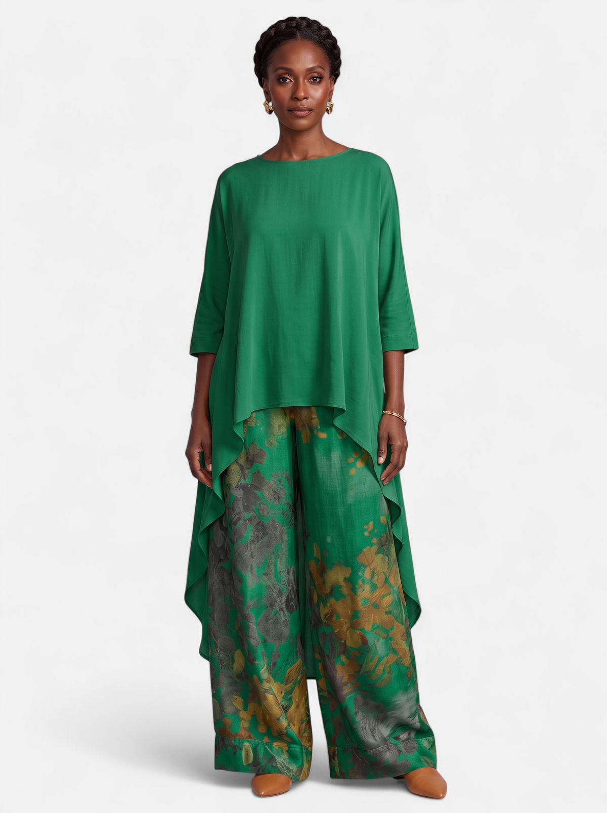 Women's green boho vintage print two-piece set full body shot