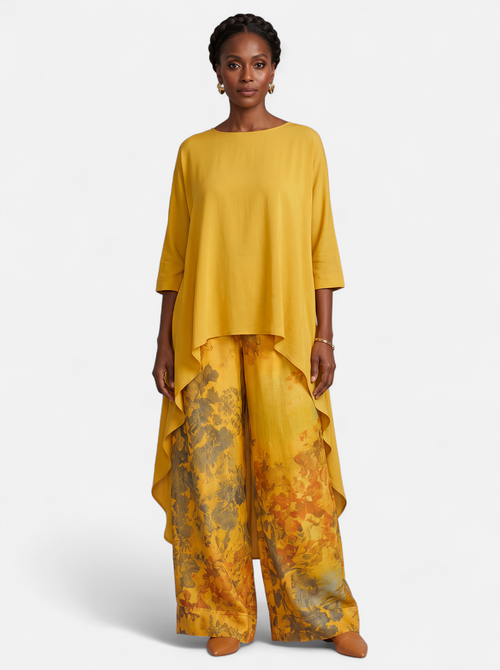 Women's yellow boho vintage print two-piece set full body shot