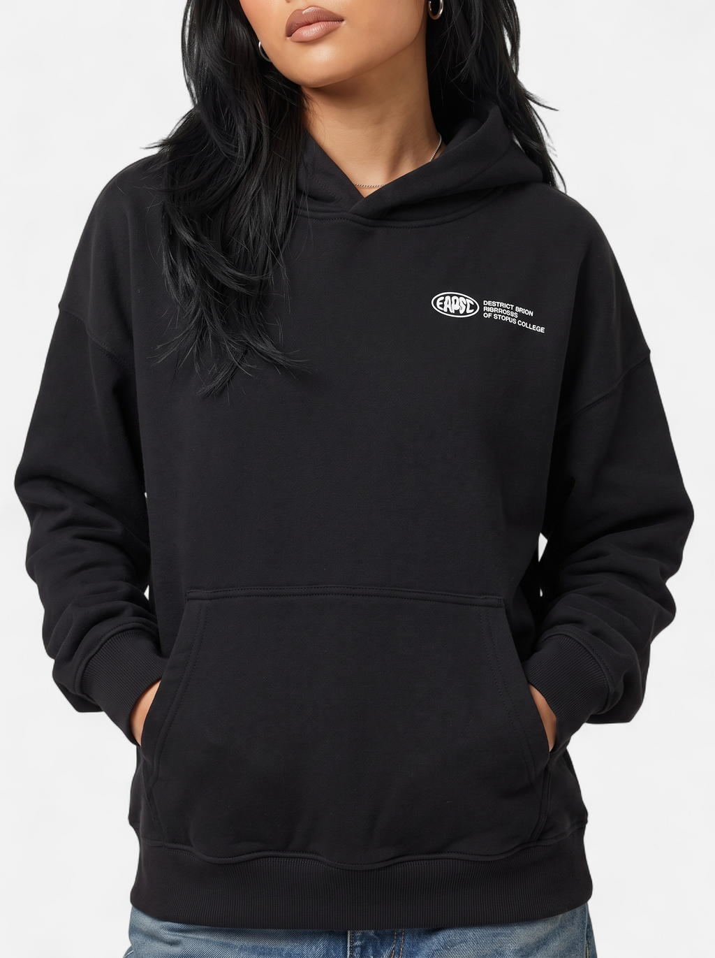 Women's black oversized graphic hoodie detail shot