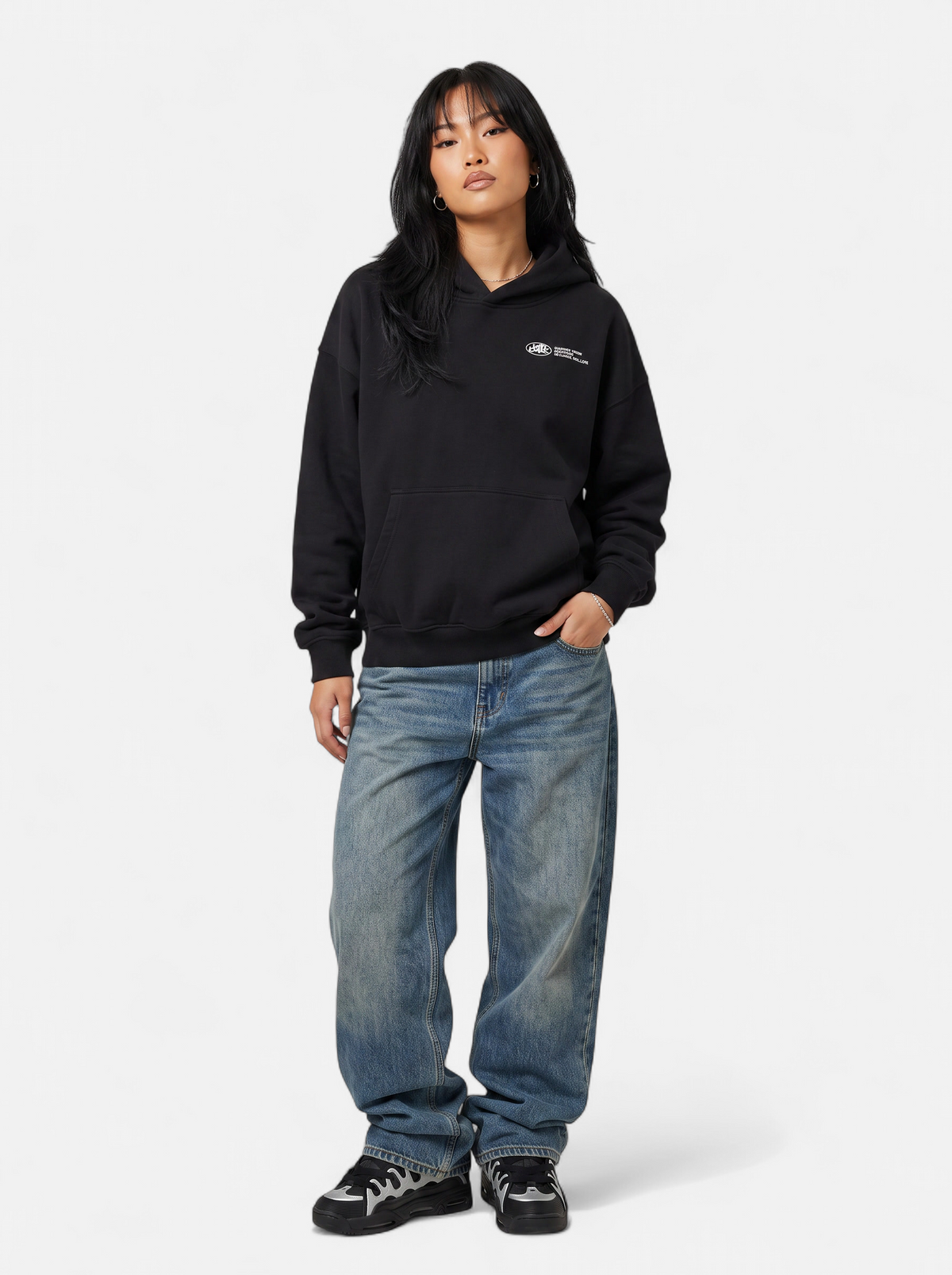Women's black oversized graphic hoodie full body shot