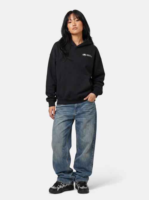 Women's black oversized graphic hoodie full body shot