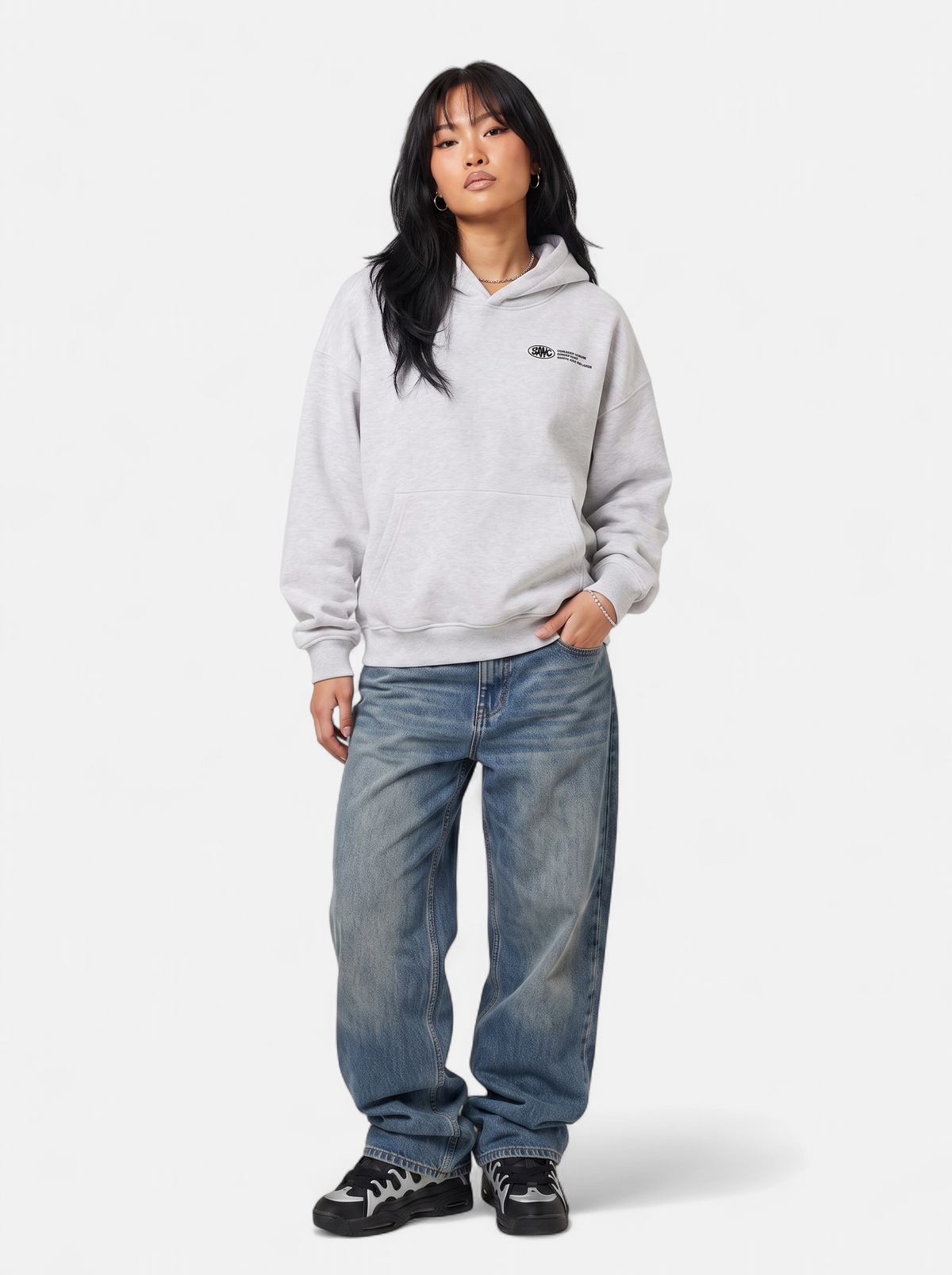 Women's gray oversized graphic hoodie full body shot