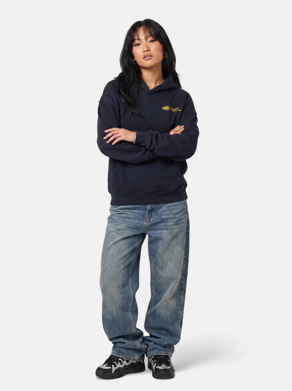 Women's navy oversized graphic hoodie full body shot