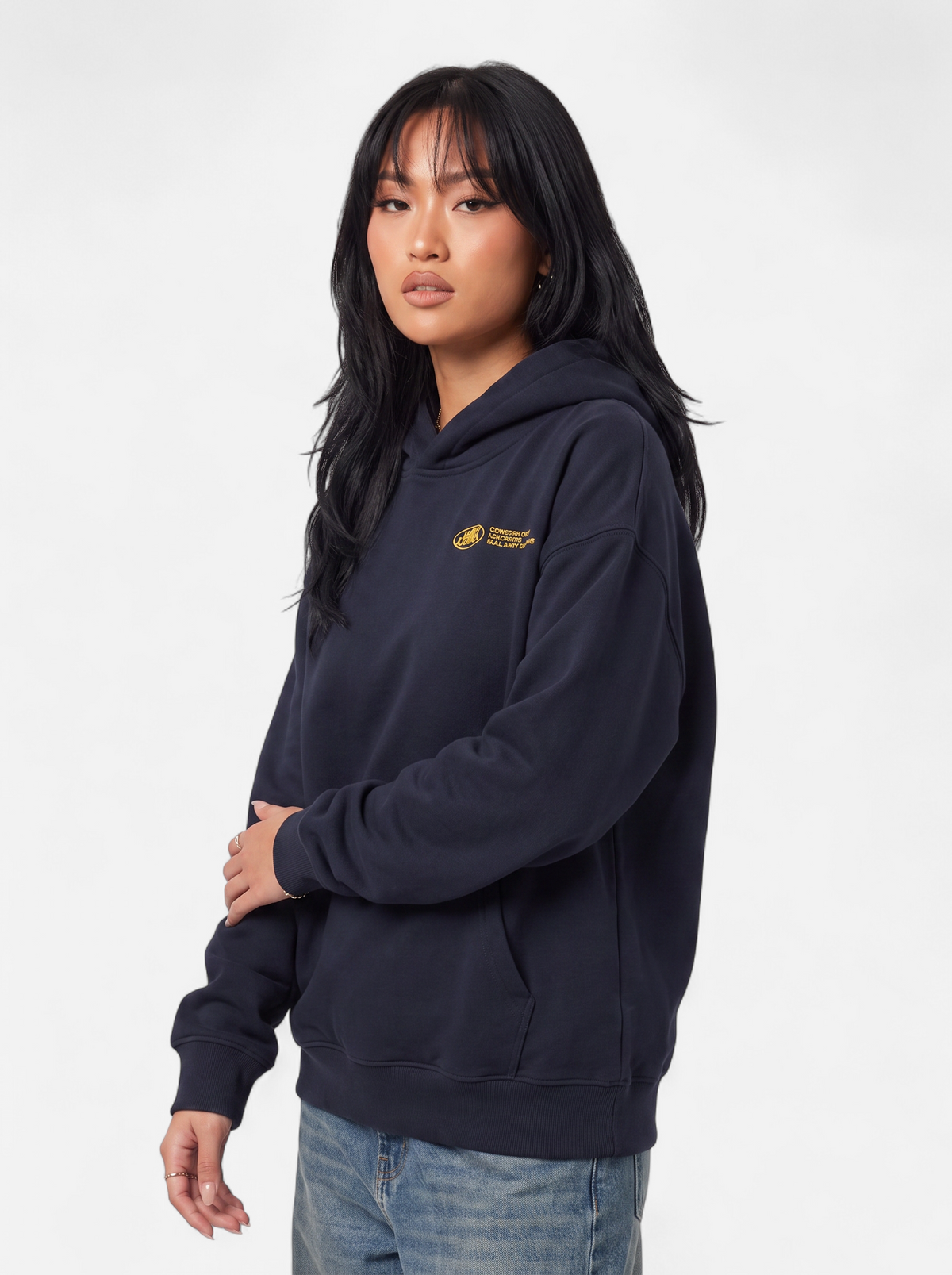 Women's navy oversized graphic hoodie hero shot