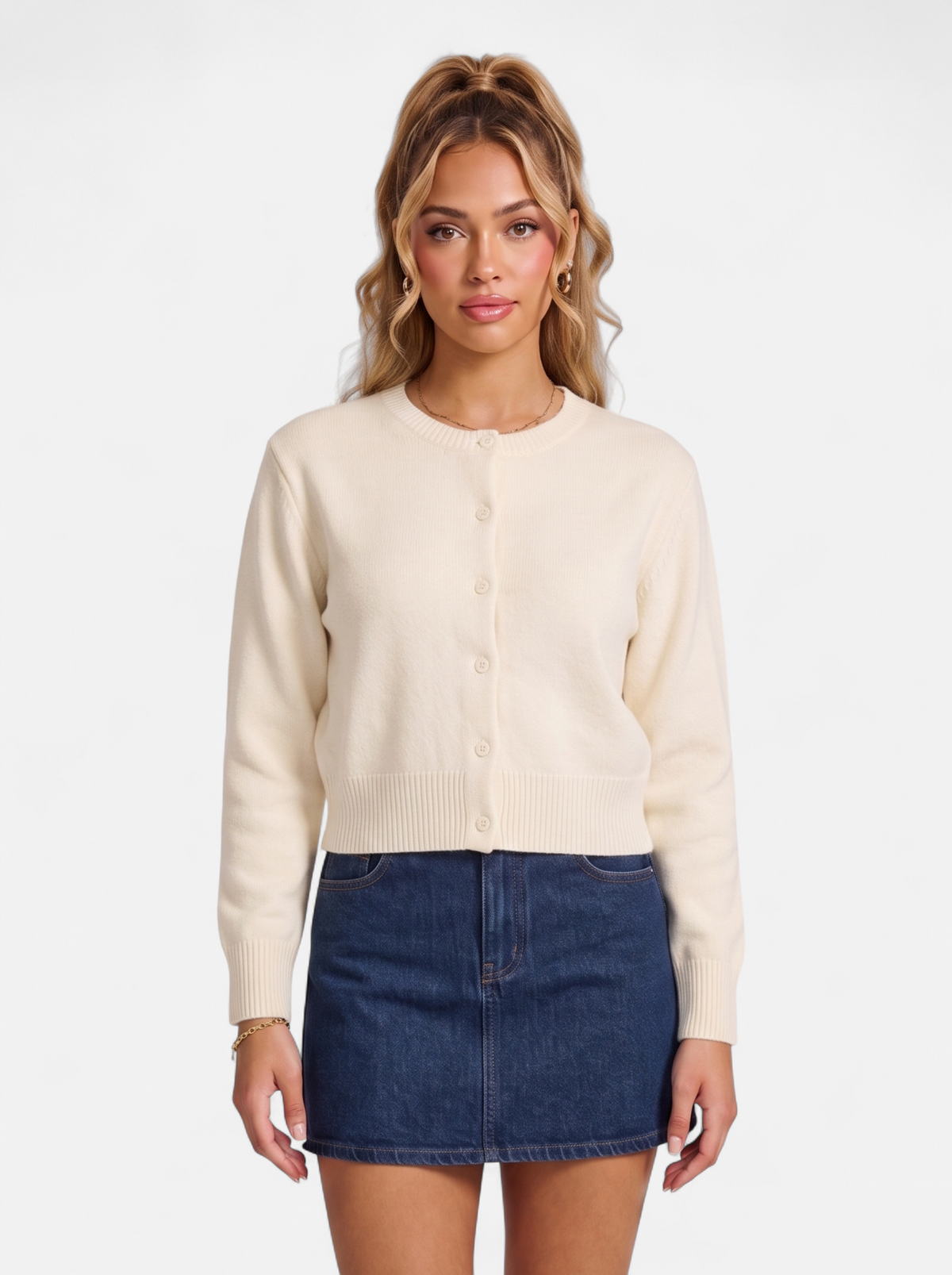Women's beige cropped button-down cardigan hero shot
