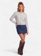 Women's gray cropped button-down cardigan full body shot