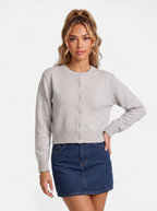 Women's gray cropped button-down cardigan hero shot
