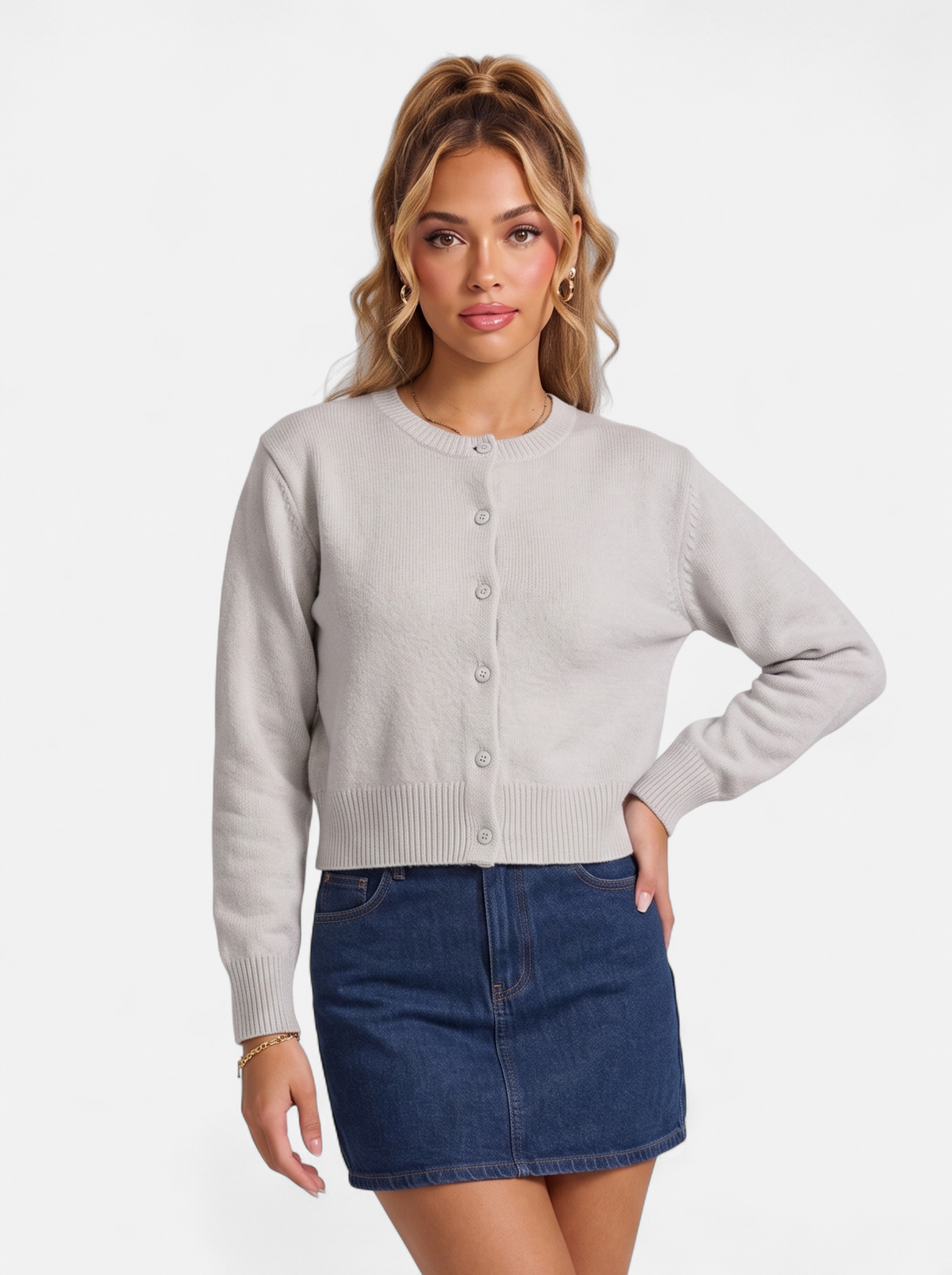 Women's gray cropped button-down cardigan hero shot