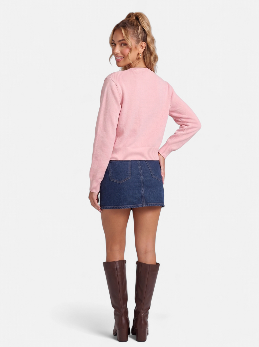 Women's pink cropped button-down cardigan back shot