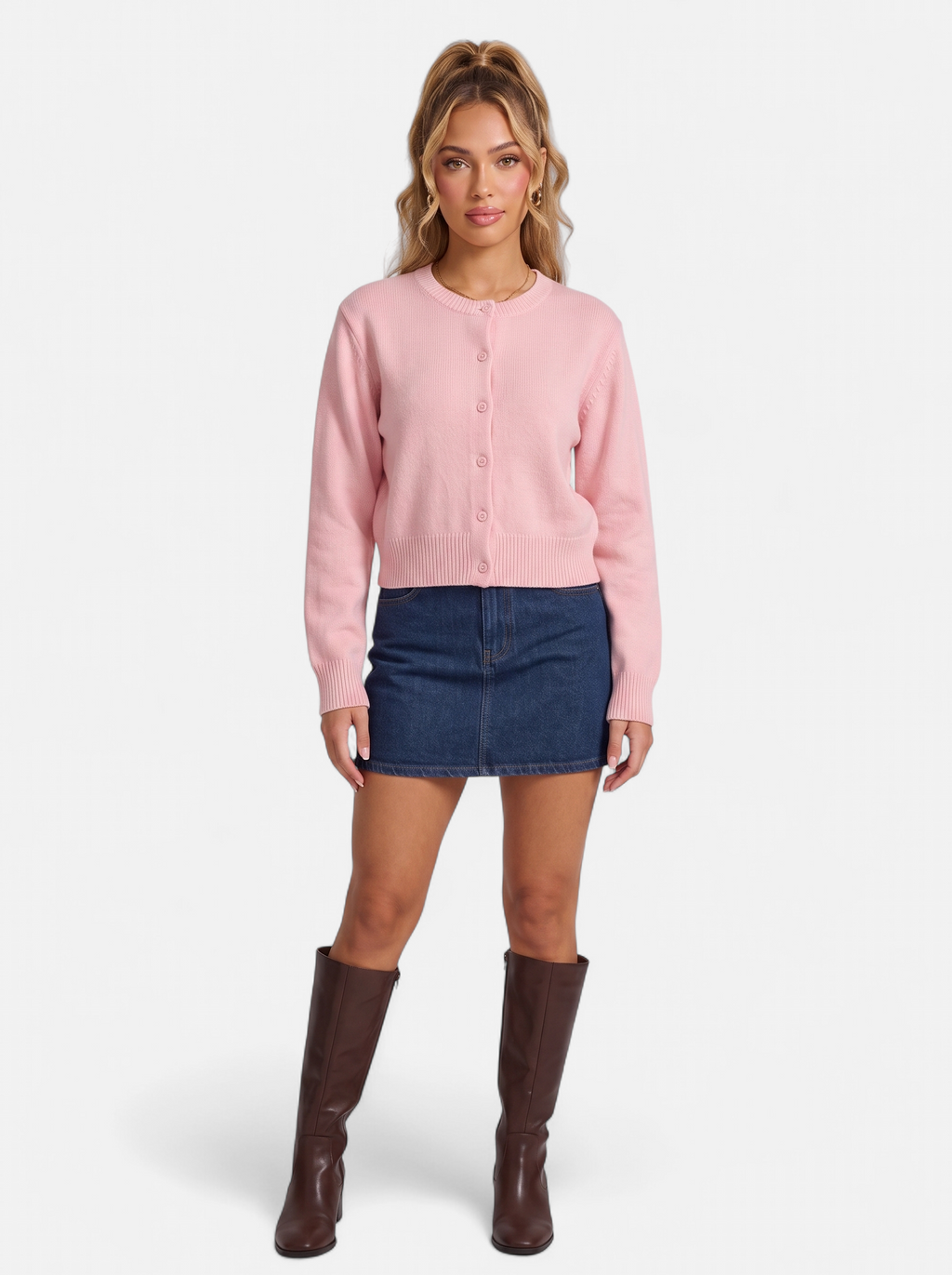 Women's pink cropped button-down cardigan full body shot