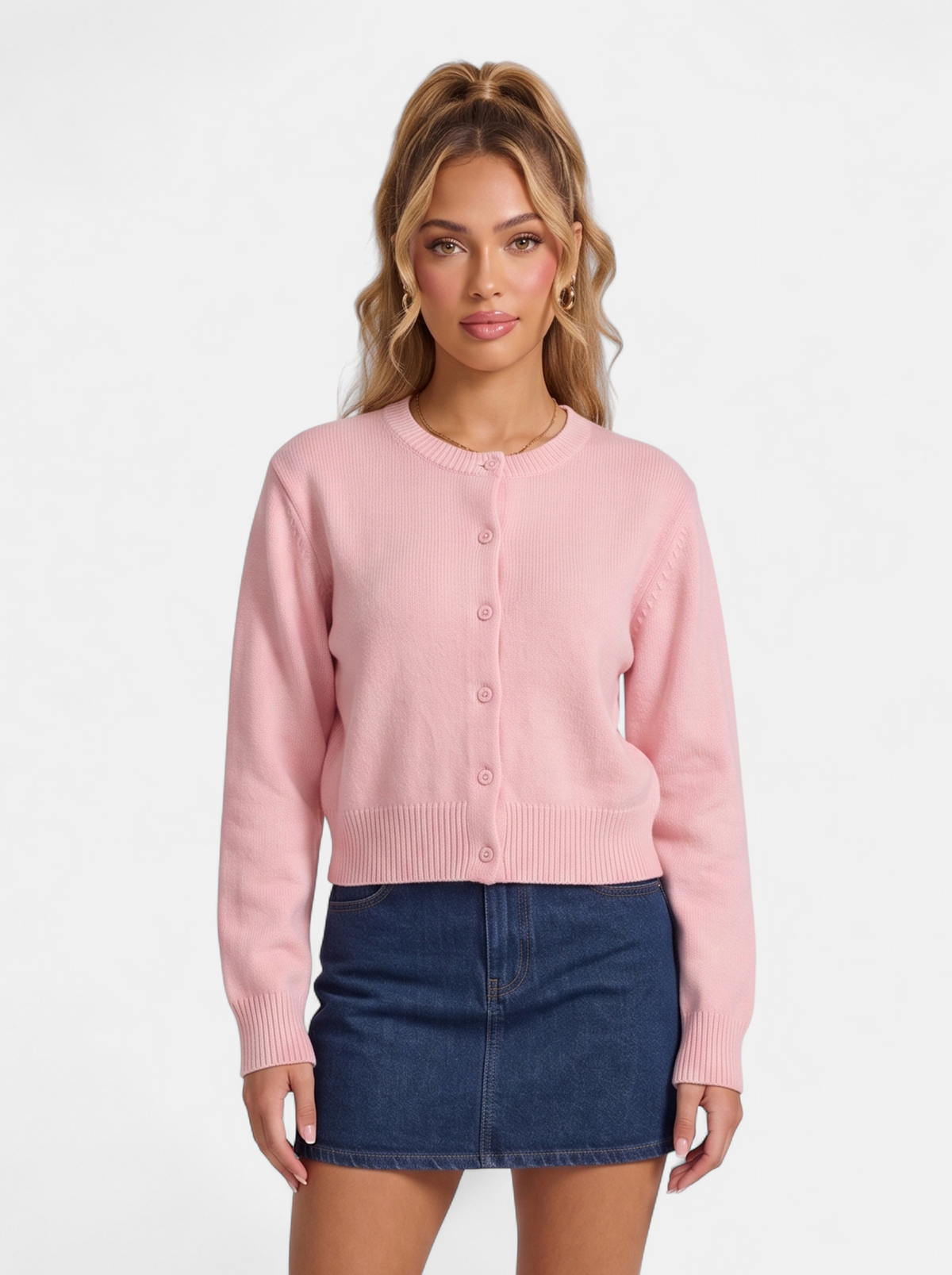 Women's pink cropped button-down cardigan hero shot