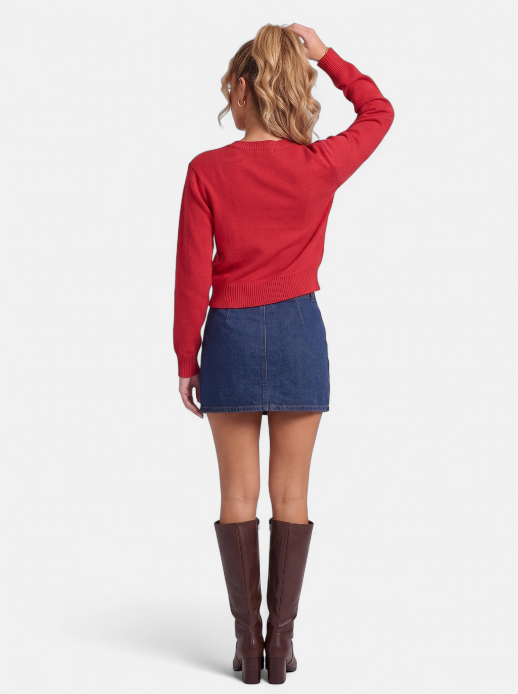 Women's red cropped button-down cardigan back shot