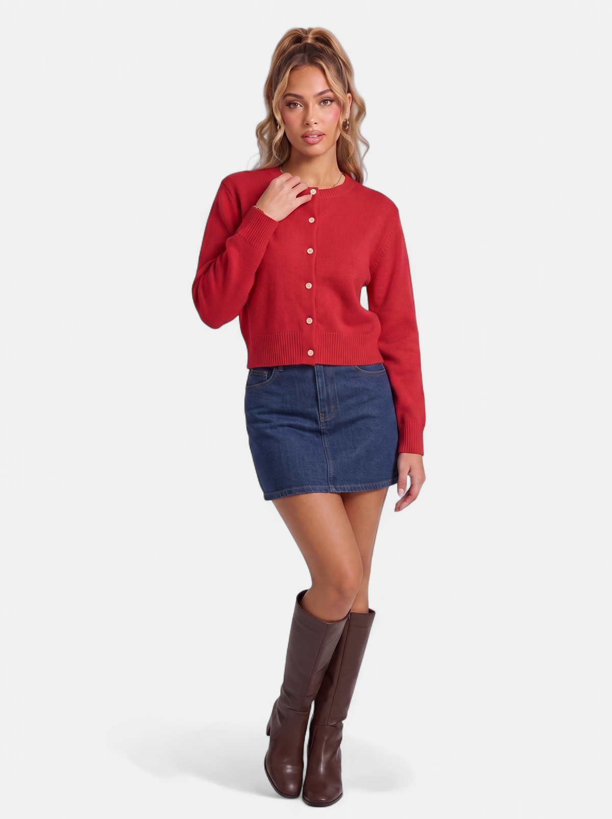 Women's red cropped button-down cardigan full body shot