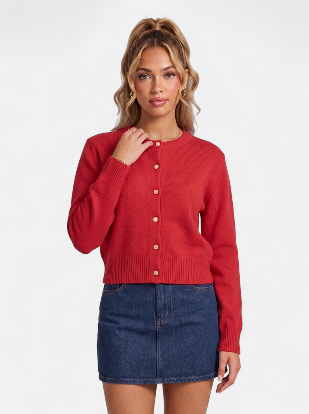 Women's red cropped button-down cardigan hero shot