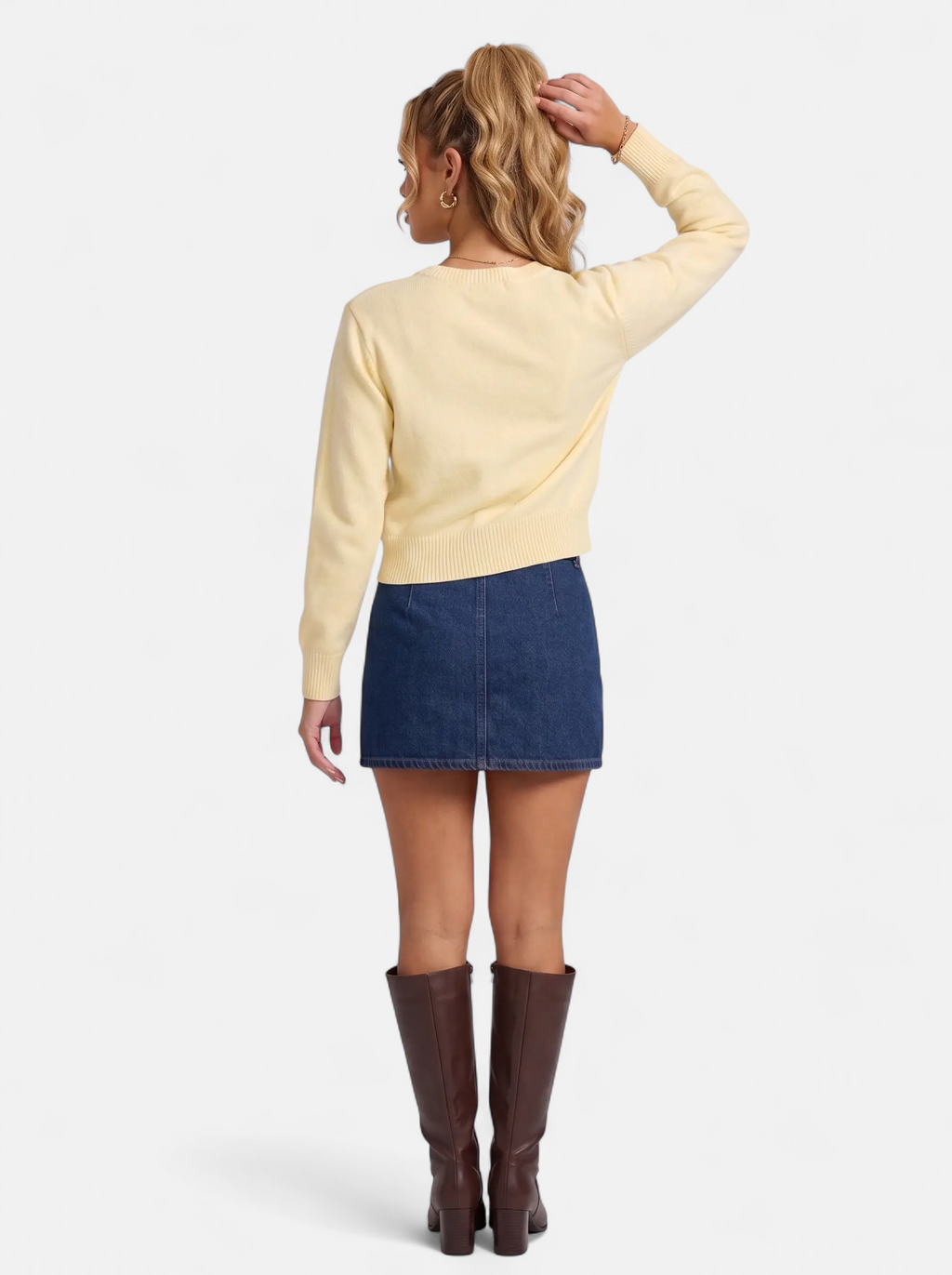 Women's yellow cropped button-down cardigan back shot