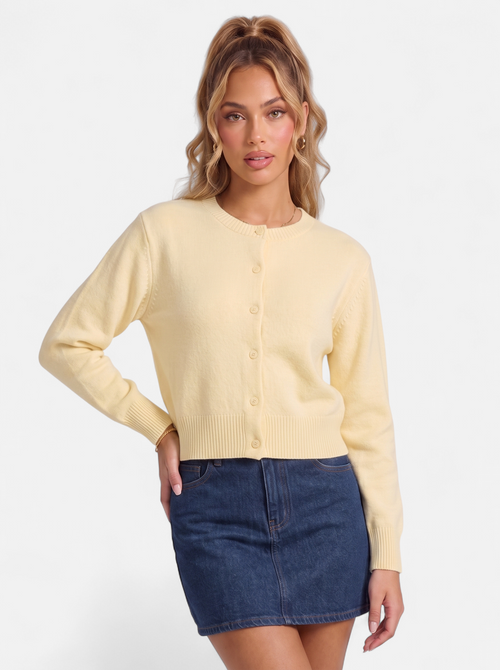 Women's yellow cropped button-down cardigan hero shot