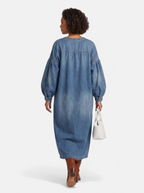 Women's blue denim maxi dress back shot
