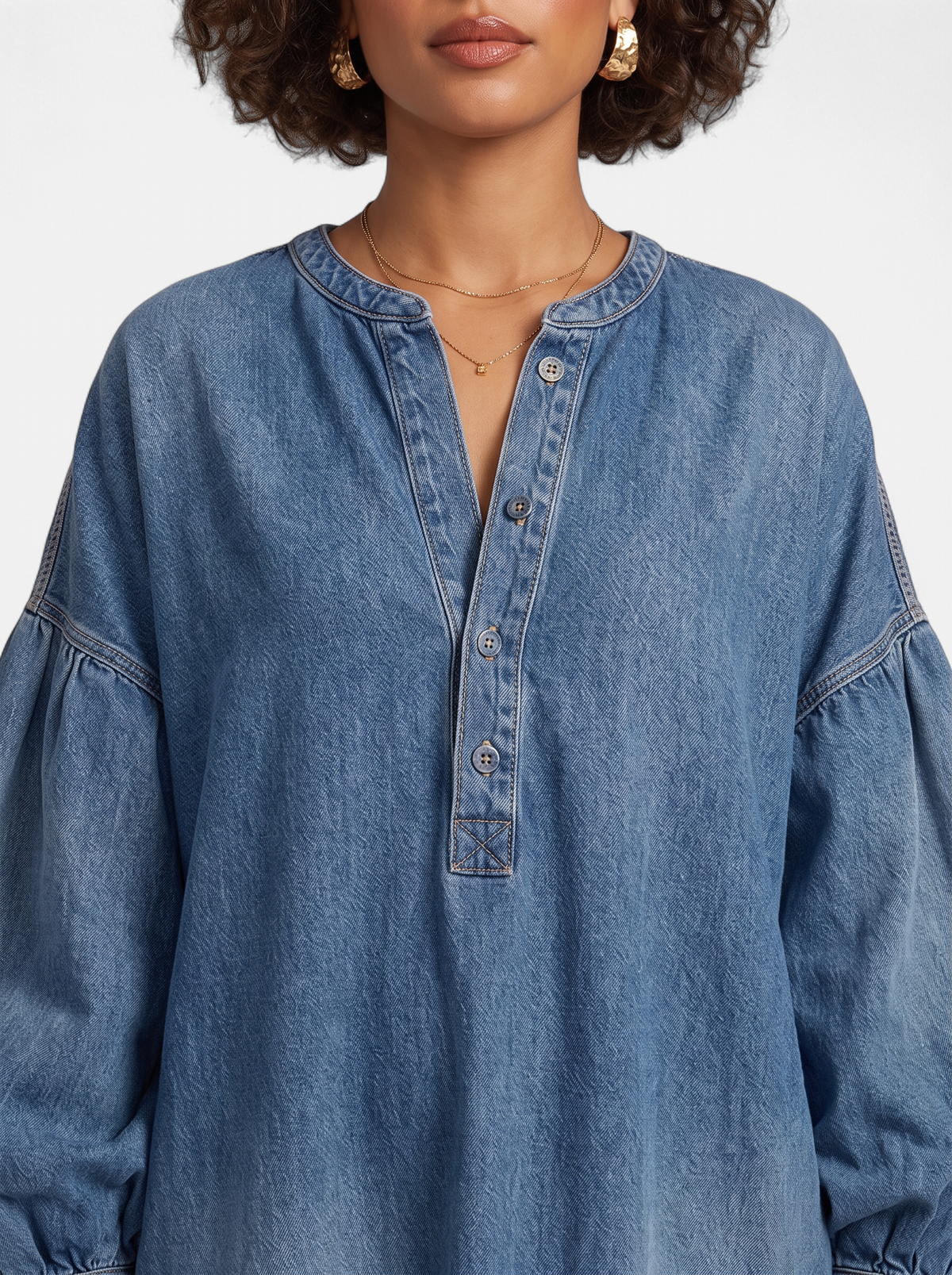 Women's blue denim maxi dress detail shot