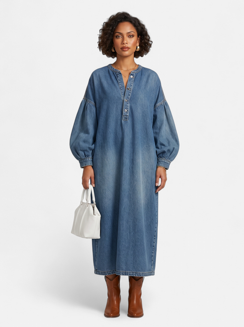 Women's blue denim maxi dress full body shot