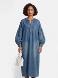Women's blue denim maxi dress hero shot
