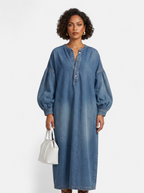Women's blue denim maxi dress hero shot