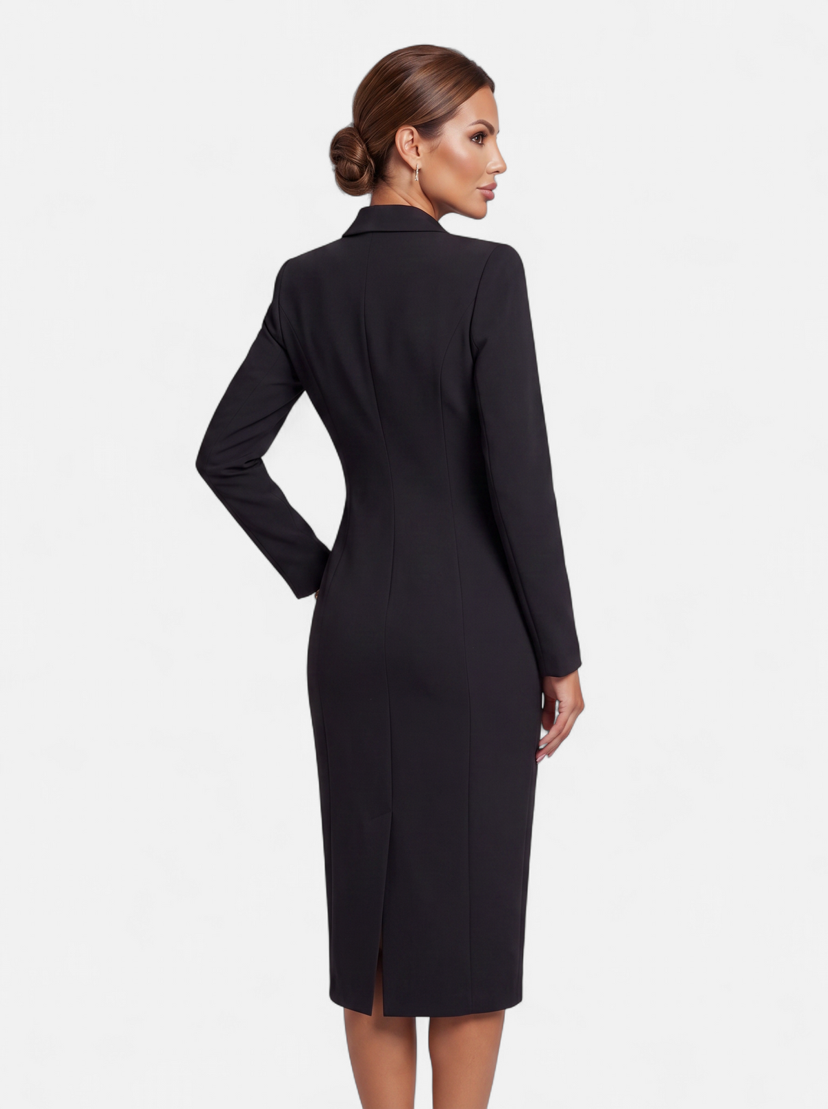 Women's black double-breasted blazer dress back shot