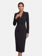 Women's black double-breasted blazer dress hero shot