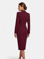 Women's burgundy double-breasted blazer dress back shot