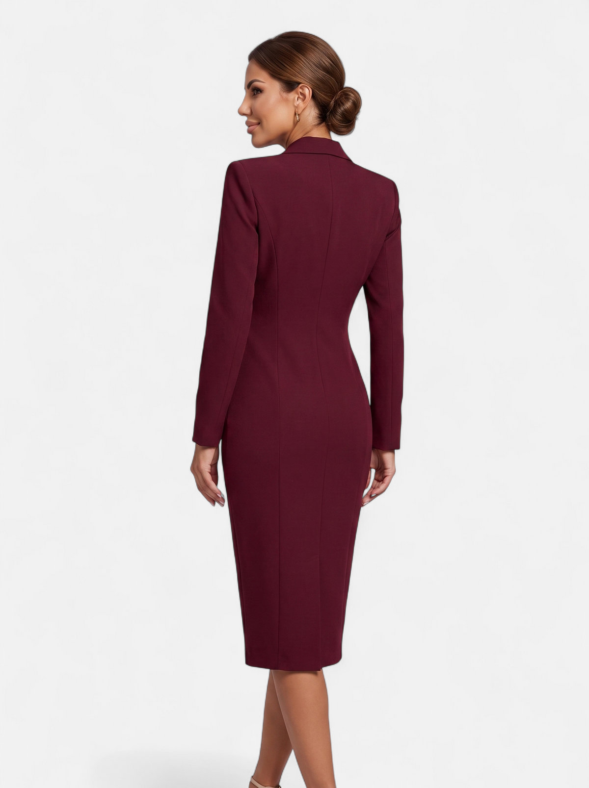 Women's burgundy double-breasted blazer dress back shot