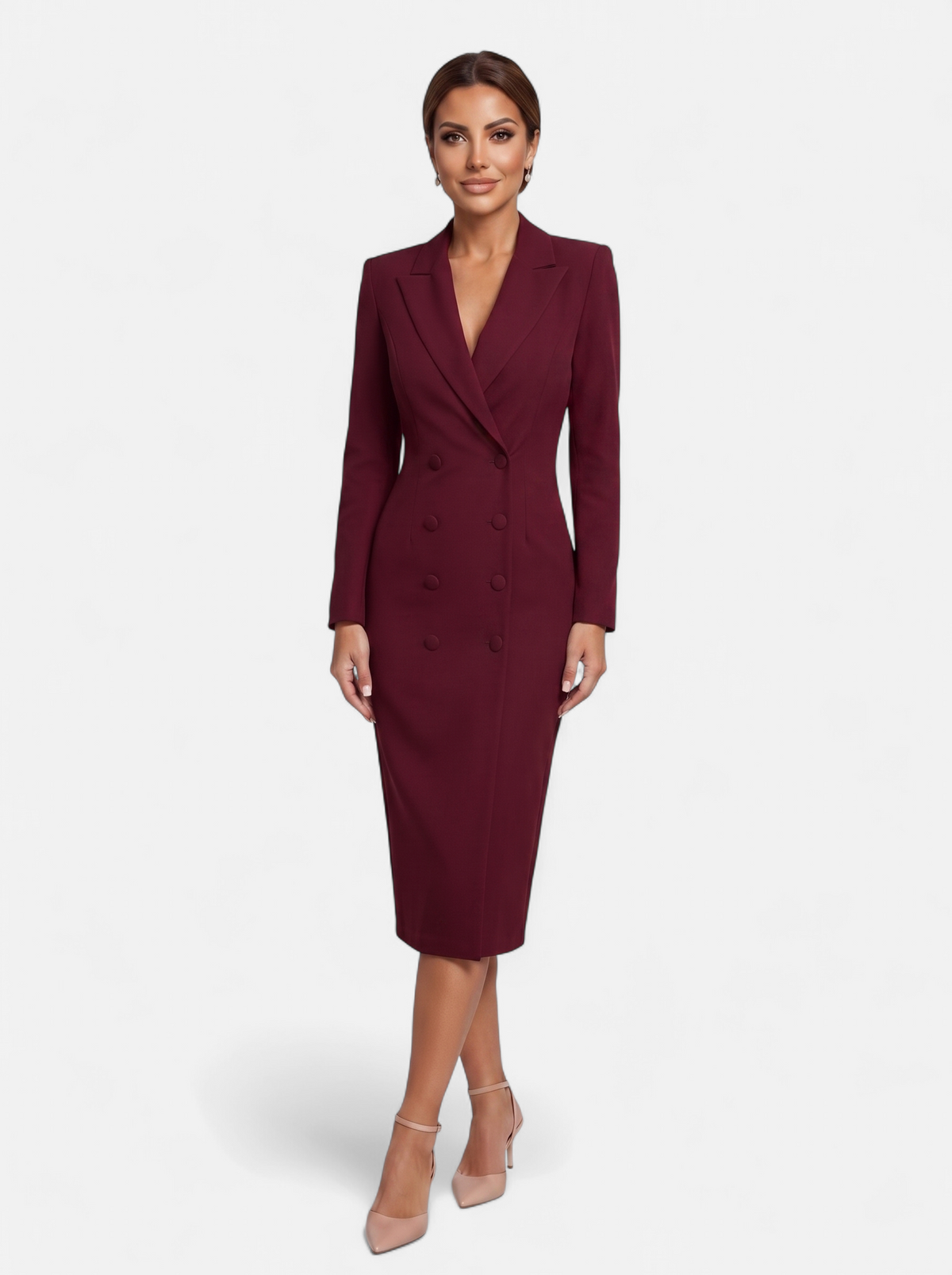 Women's burgundy double-breasted blazer dress full body shot