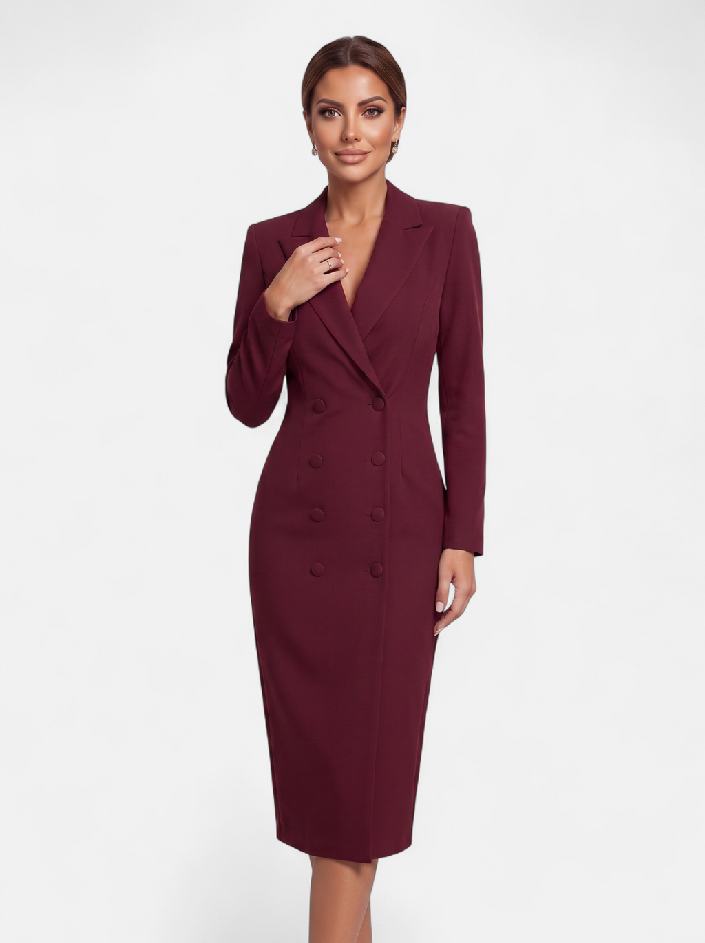 Women's burgundy double-breasted blazer dress hero shot