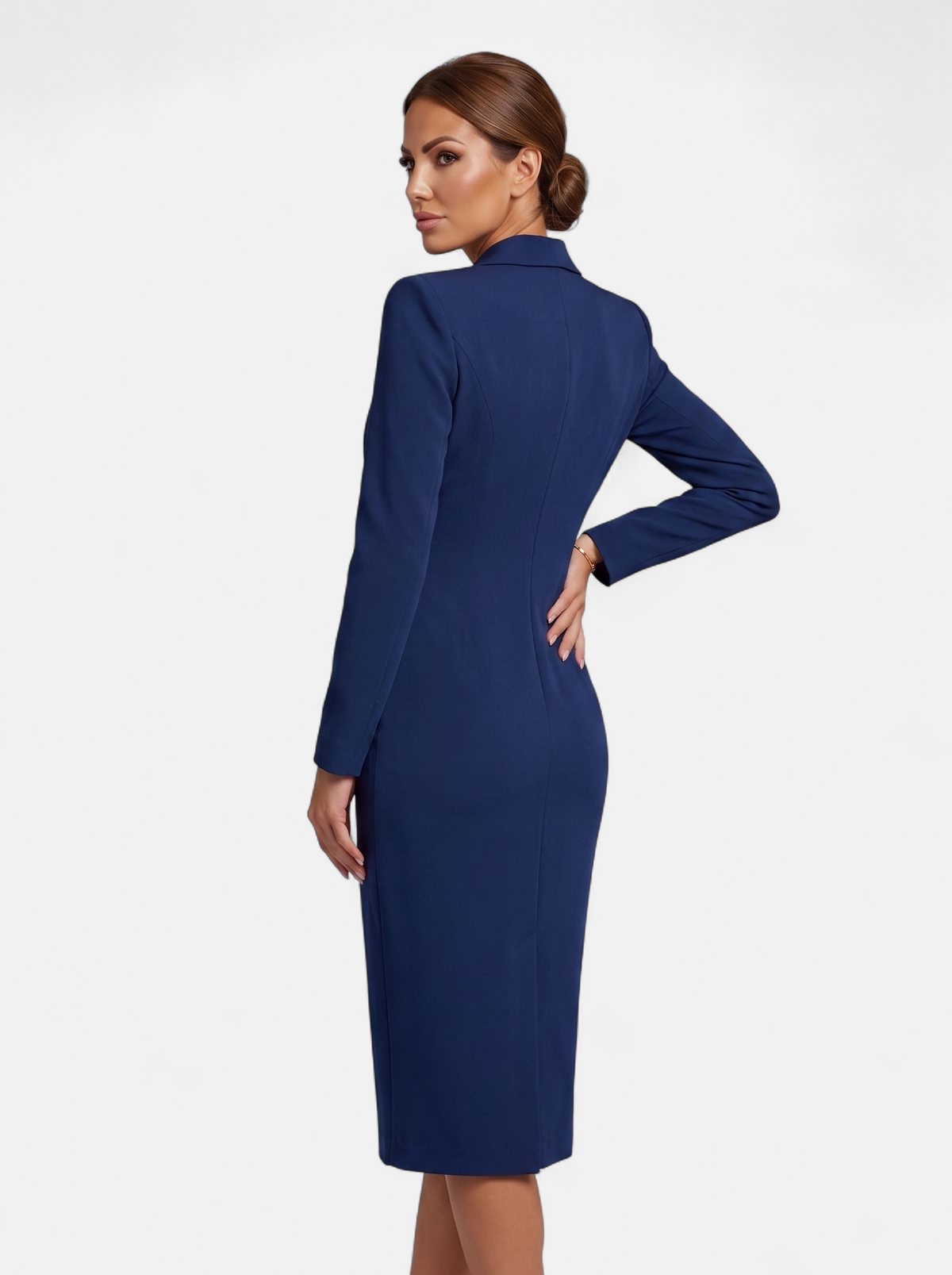 Women's navy double-breasted blazer dress back shot