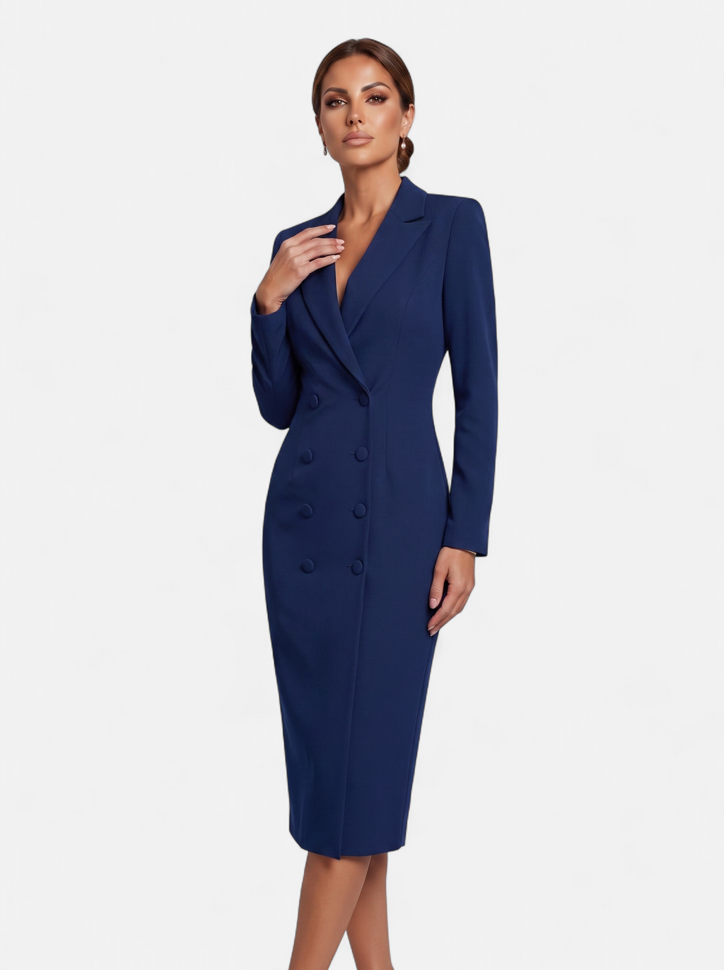 Women's navy double-breasted blazer dress hero shot