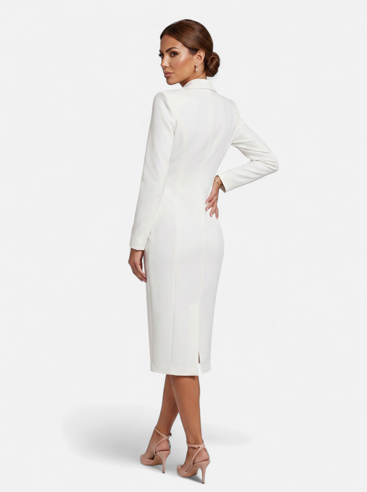 Women's white double-breasted blazer dress back shot