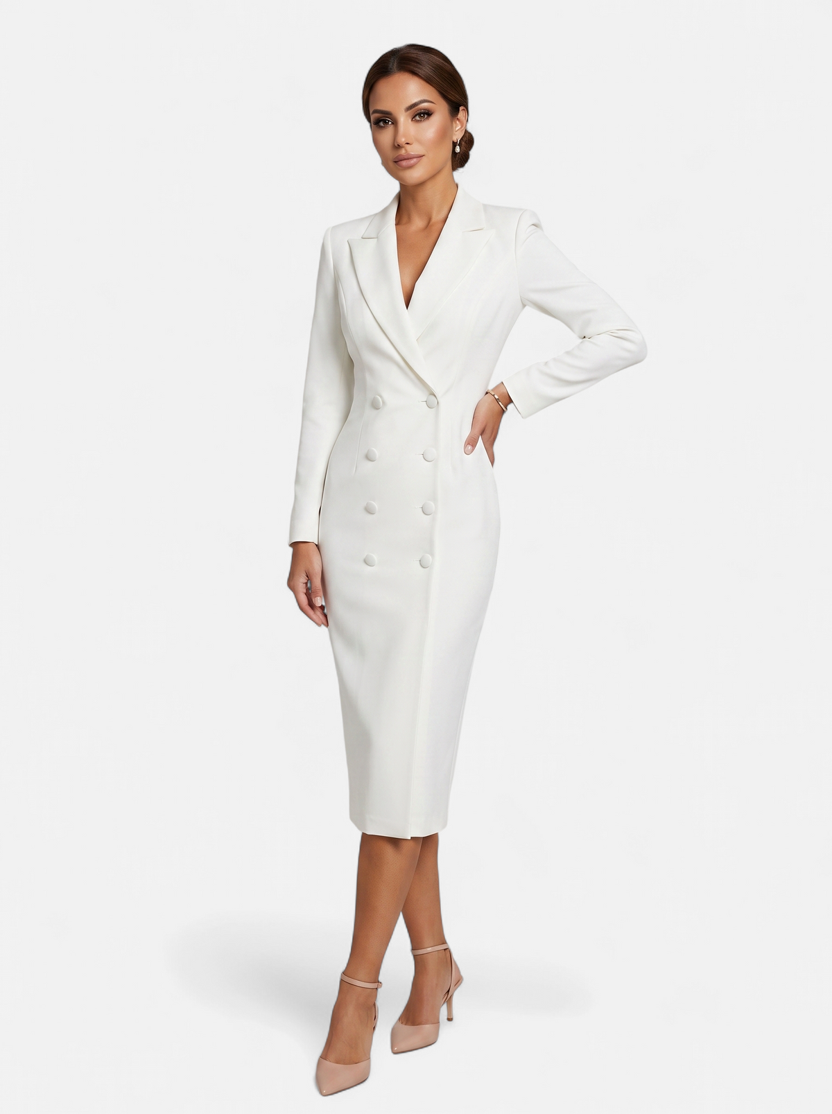 Women's white double-breasted blazer dress full body shot