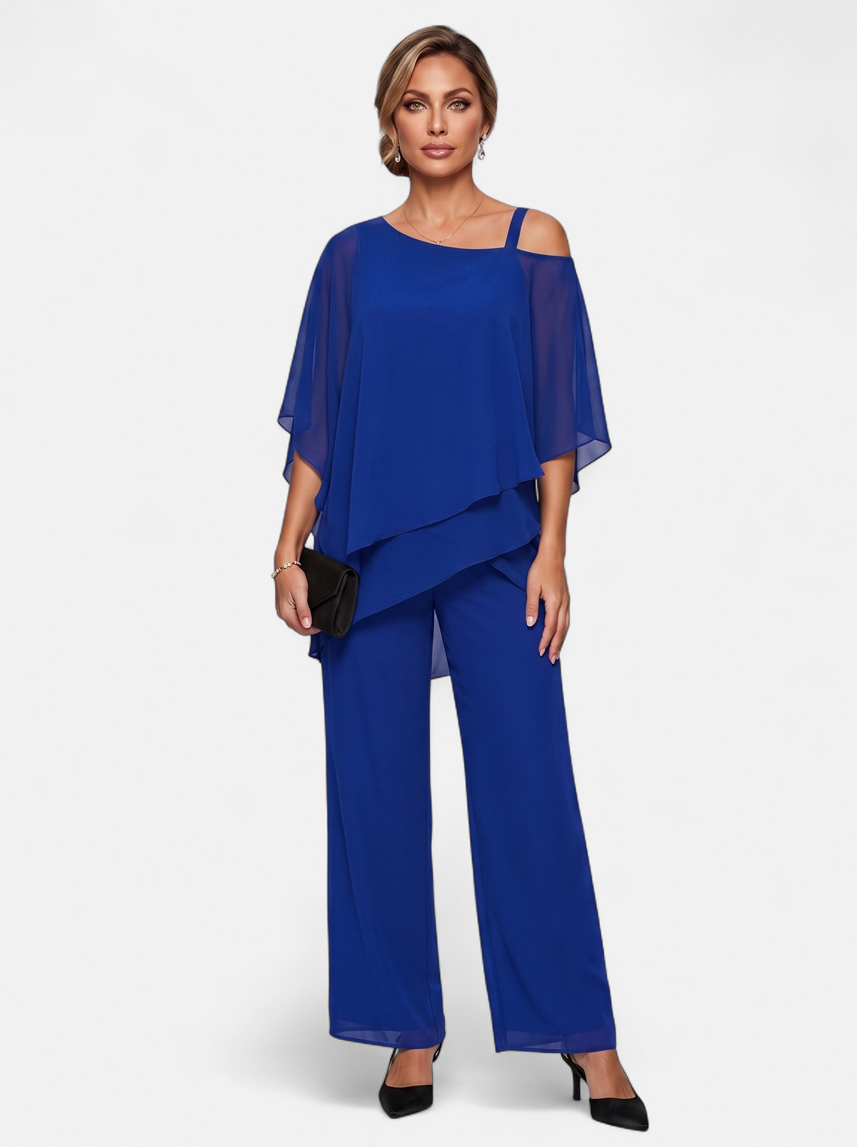 Women's blue off-shoulder two-piece set full body shot