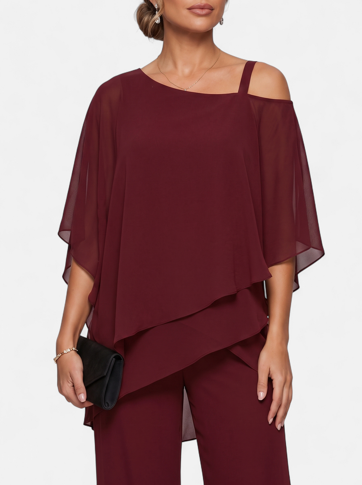 Women's burgundy off-shoulder two-piece set detail shot