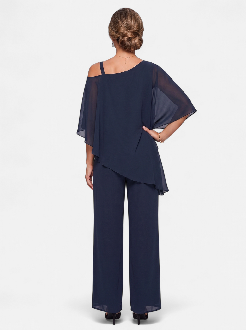 Women's navy off-shoulder two-piece set back shot