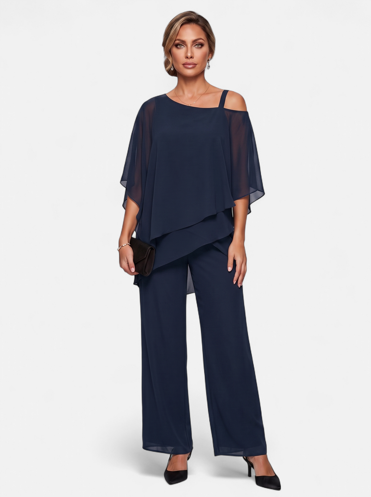 Women's navy off-shoulder two-piece set full body shot
