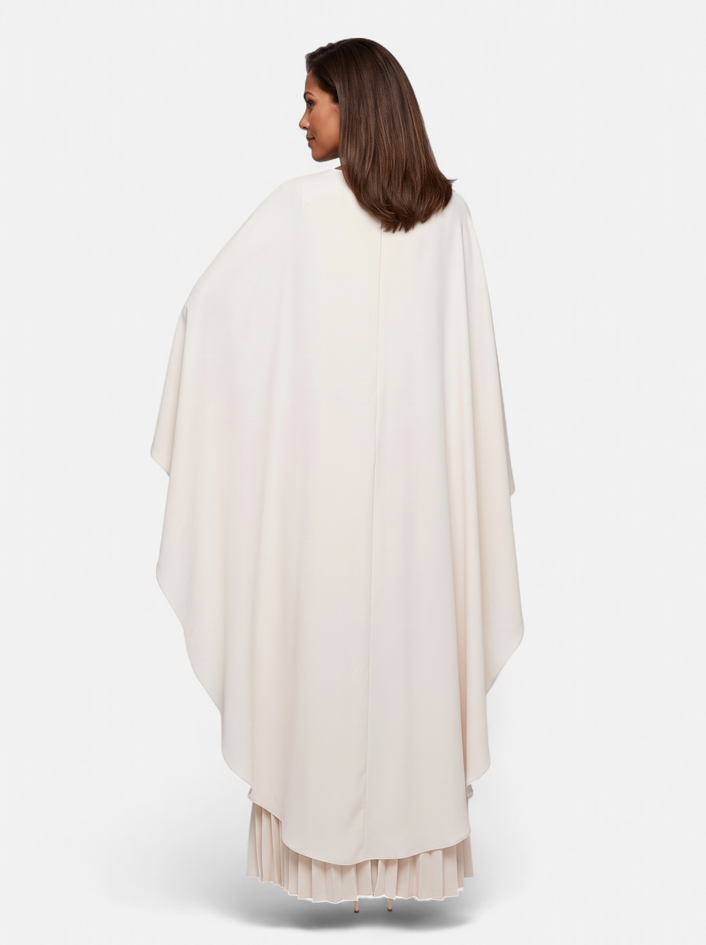 Women's beige pleated cloak sleeve maxi dress back shot