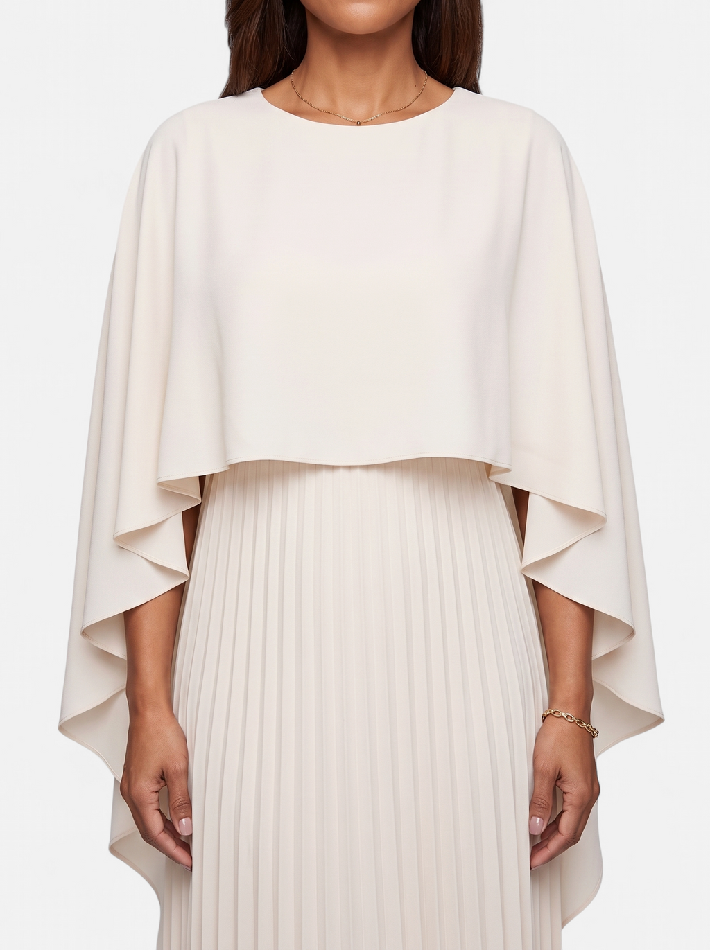 Women's beige pleated cloak sleeve maxi dress detail shot