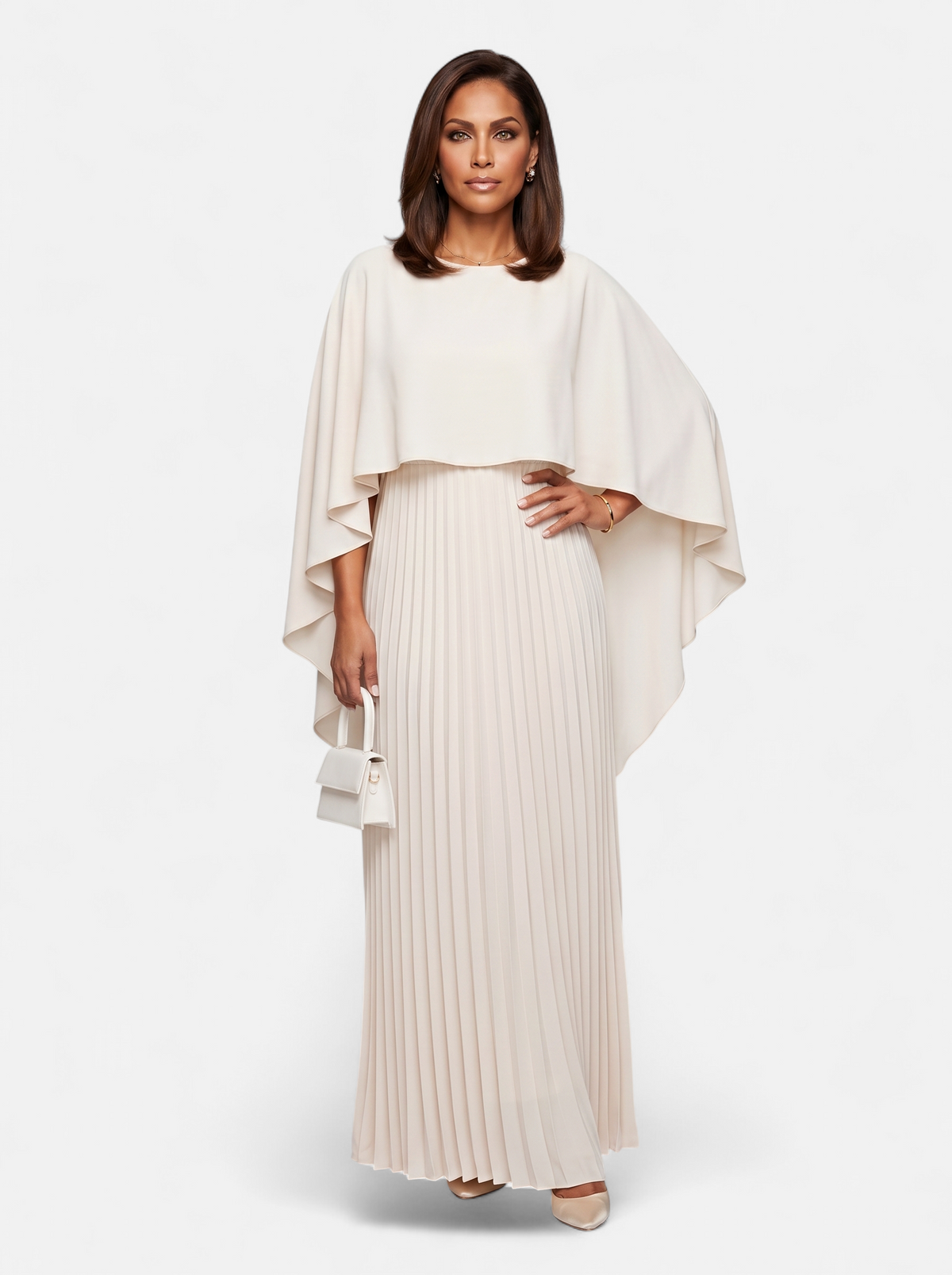 Women's beige pleated cloak sleeve maxi dress full body shot