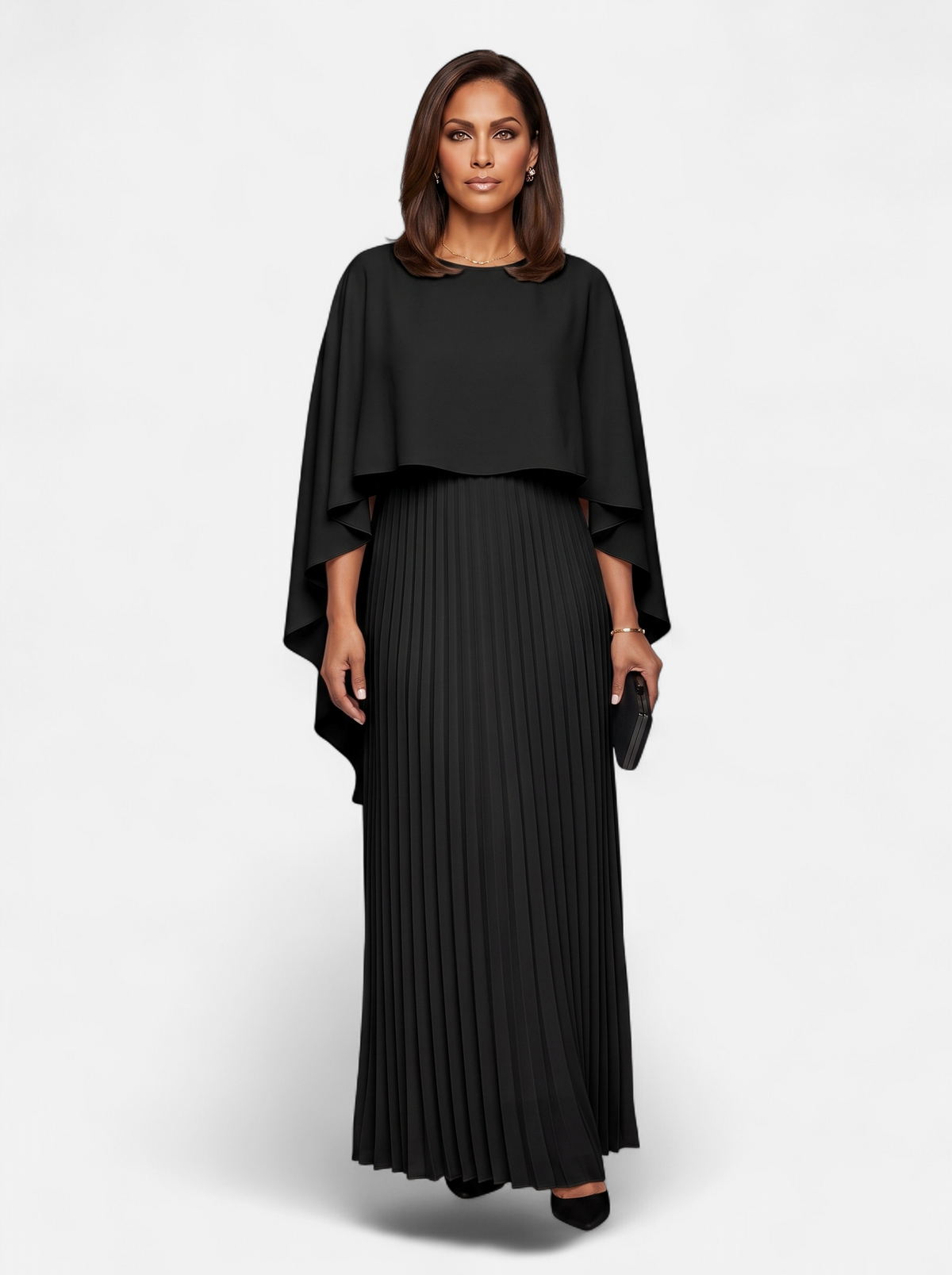 Women's black pleated cloak sleeve maxi dress full body shot
