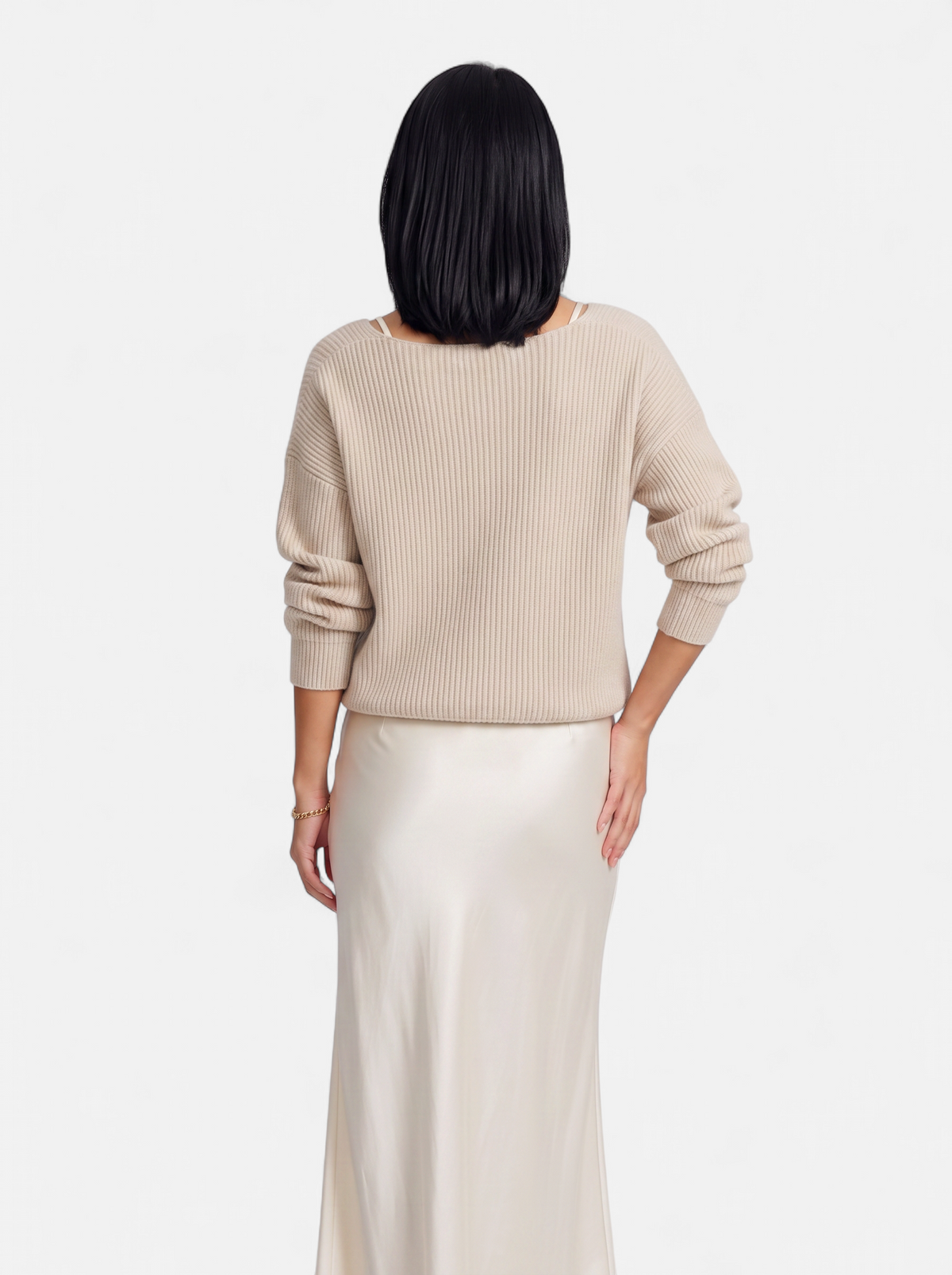 Women's cream satin skirt and sweater set back shot