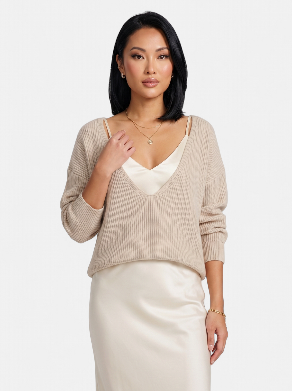 Women's cream satin skirt and sweater set hero shot