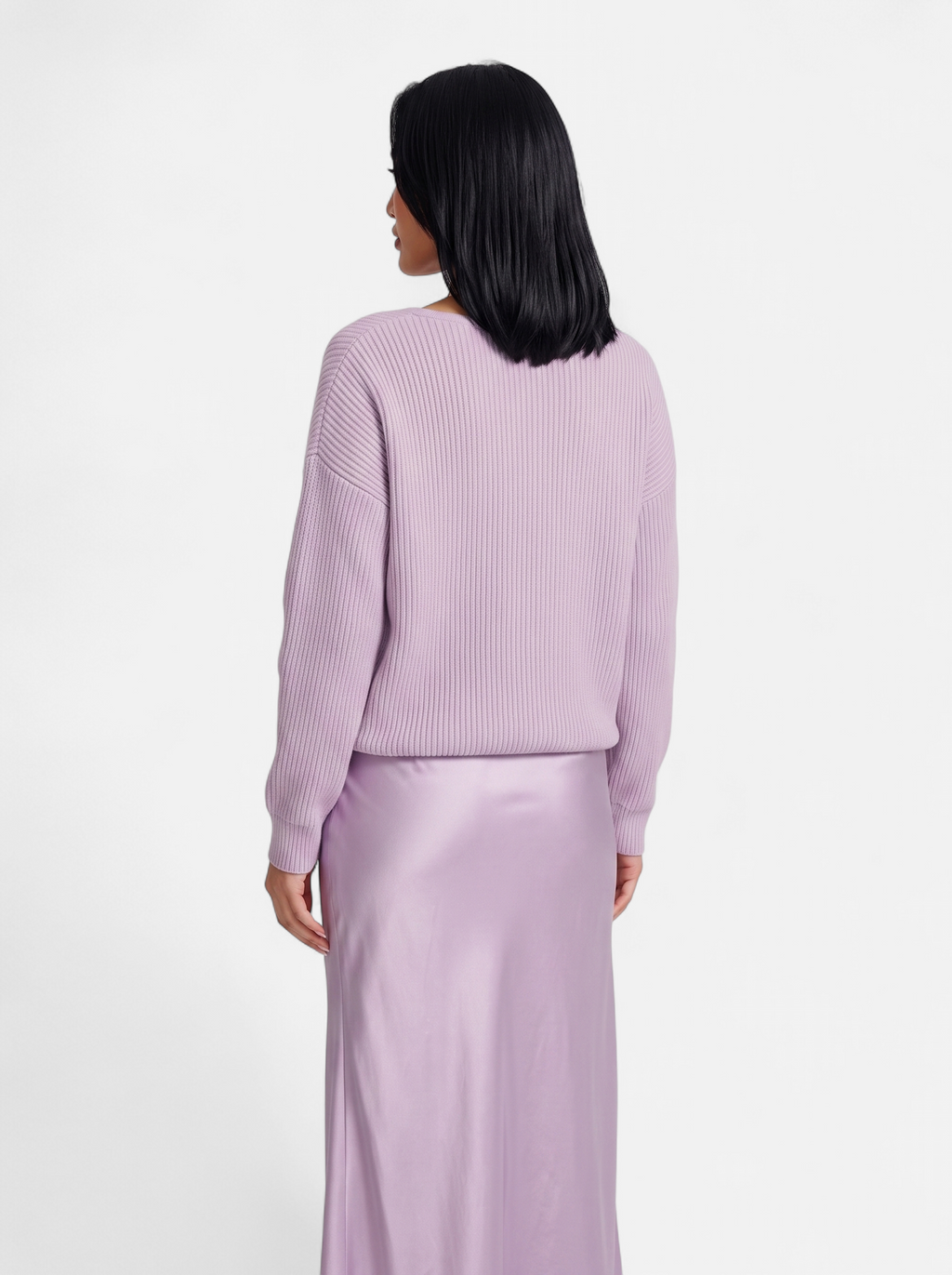 Women's lavender satin skirt and sweater set back shot
