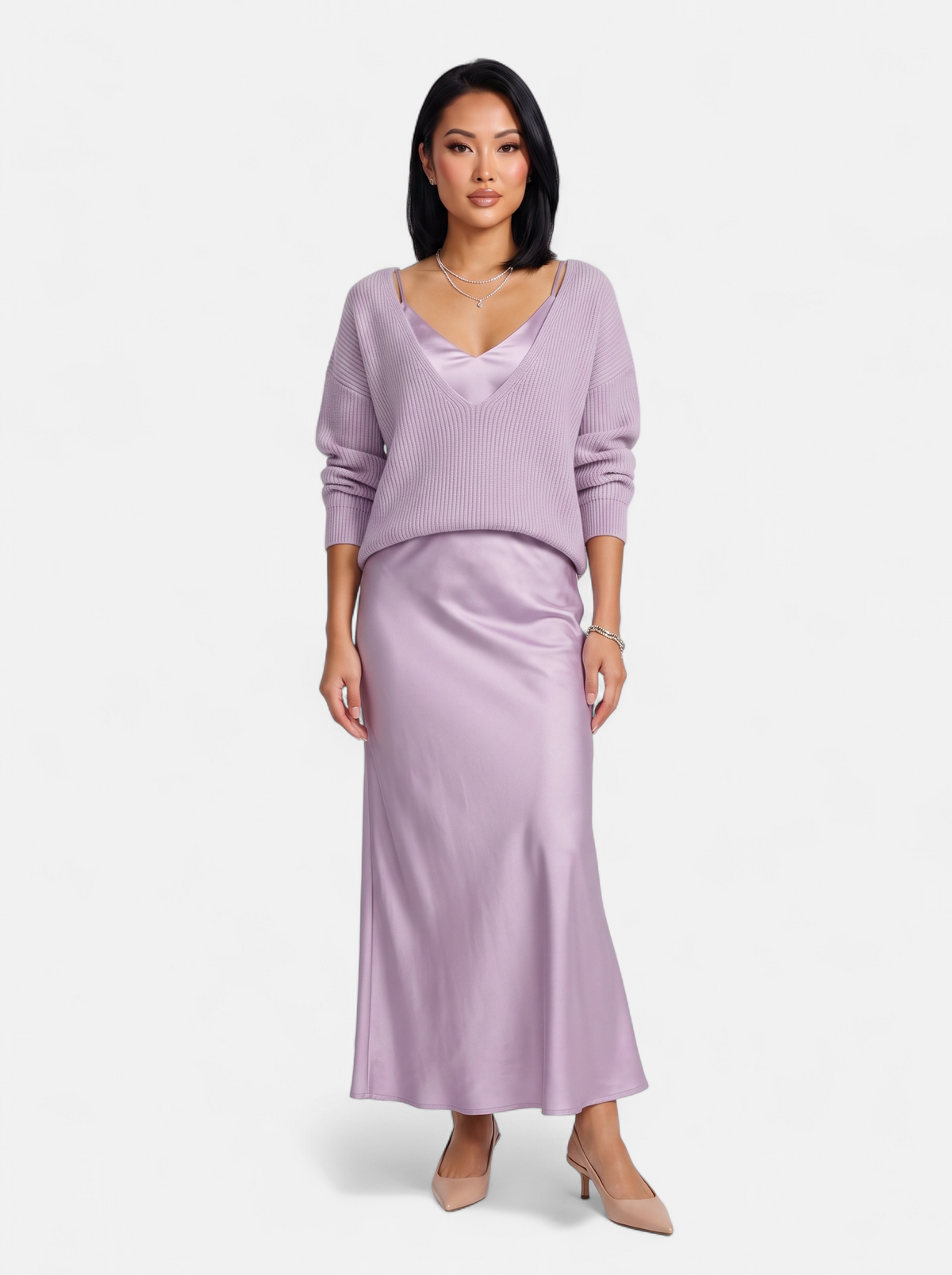 Women's lavender satin skirt and sweater set full body shot