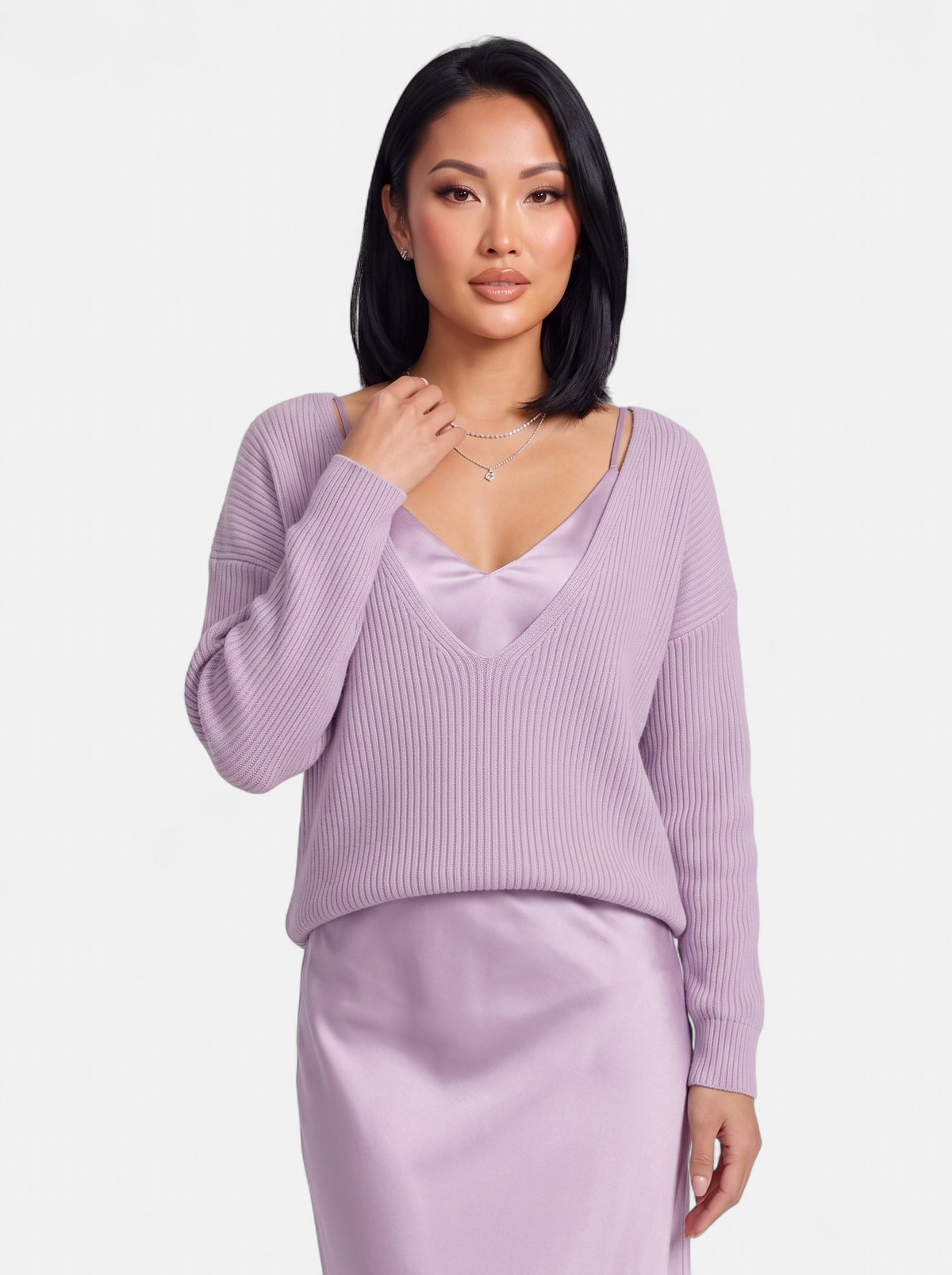 Women's lavender satin skirt and sweater set hero shot