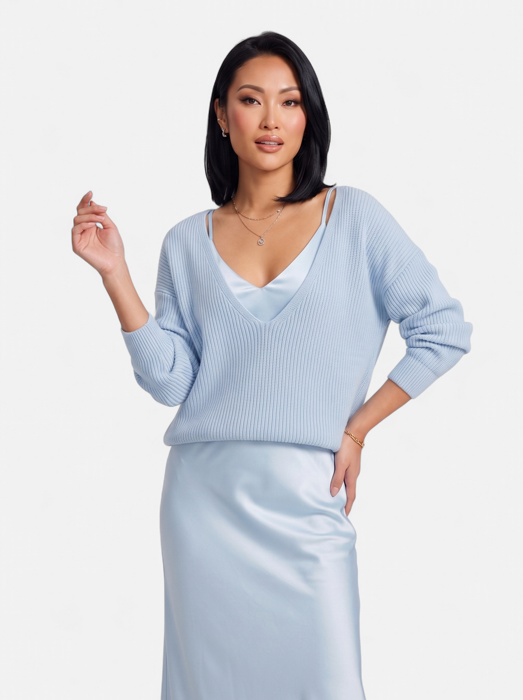 Women's light blue satin skirt and sweater set hero shot